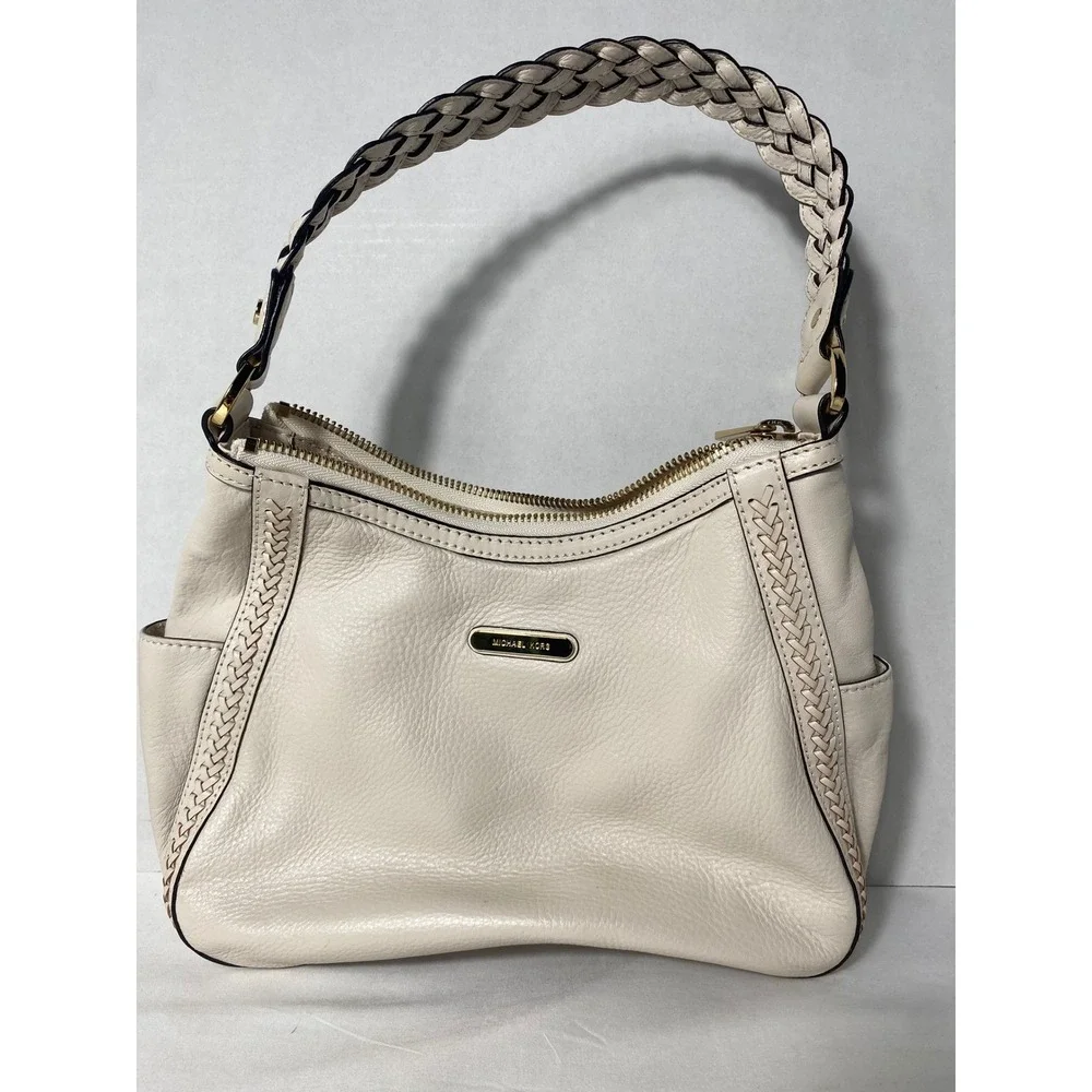 Michael Kors Hobo Bag Womens Small Cream‎ Pebbled Leather Braided Shoulder Bag